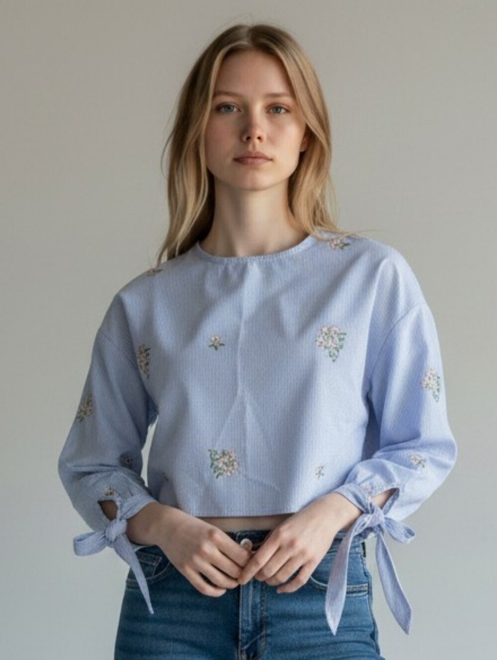 Bleuh Ciel Blue & White Striped Floral Embroidered Open Back Long Sleeve Top (S)